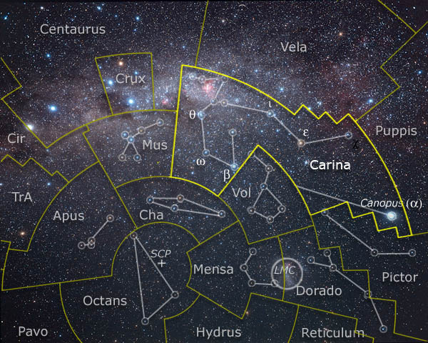 Carina, Apus, Chamaeleon, Dorado, Mensa, Musca, Octans, Pictor and Volans: Around the south celestial pole